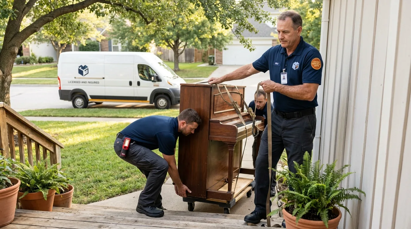 Licensed piano movers securing grand piano in King City, CA