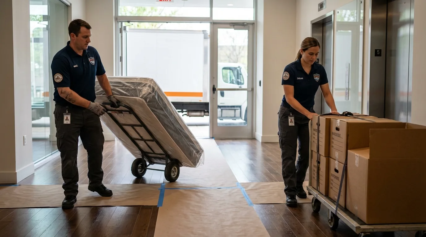 Professional apartment movers loading elevator in King City, CA
